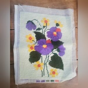 Vintage Handmade Needlepoint Purple Pansies & Yellow Floral Unframed Art
